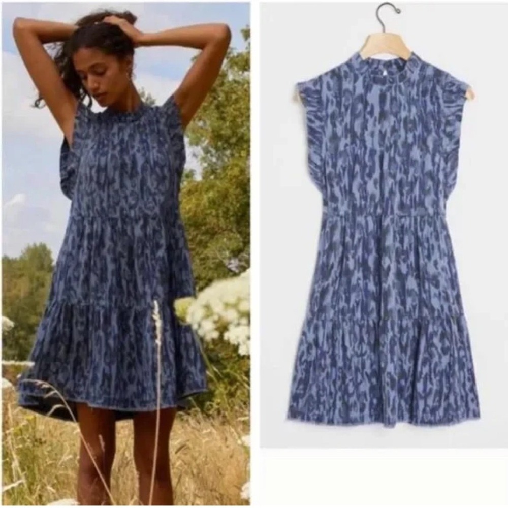 ANTHROPOLOGIE JENEE Tiered Tunic Dress Blue Large peasant B067